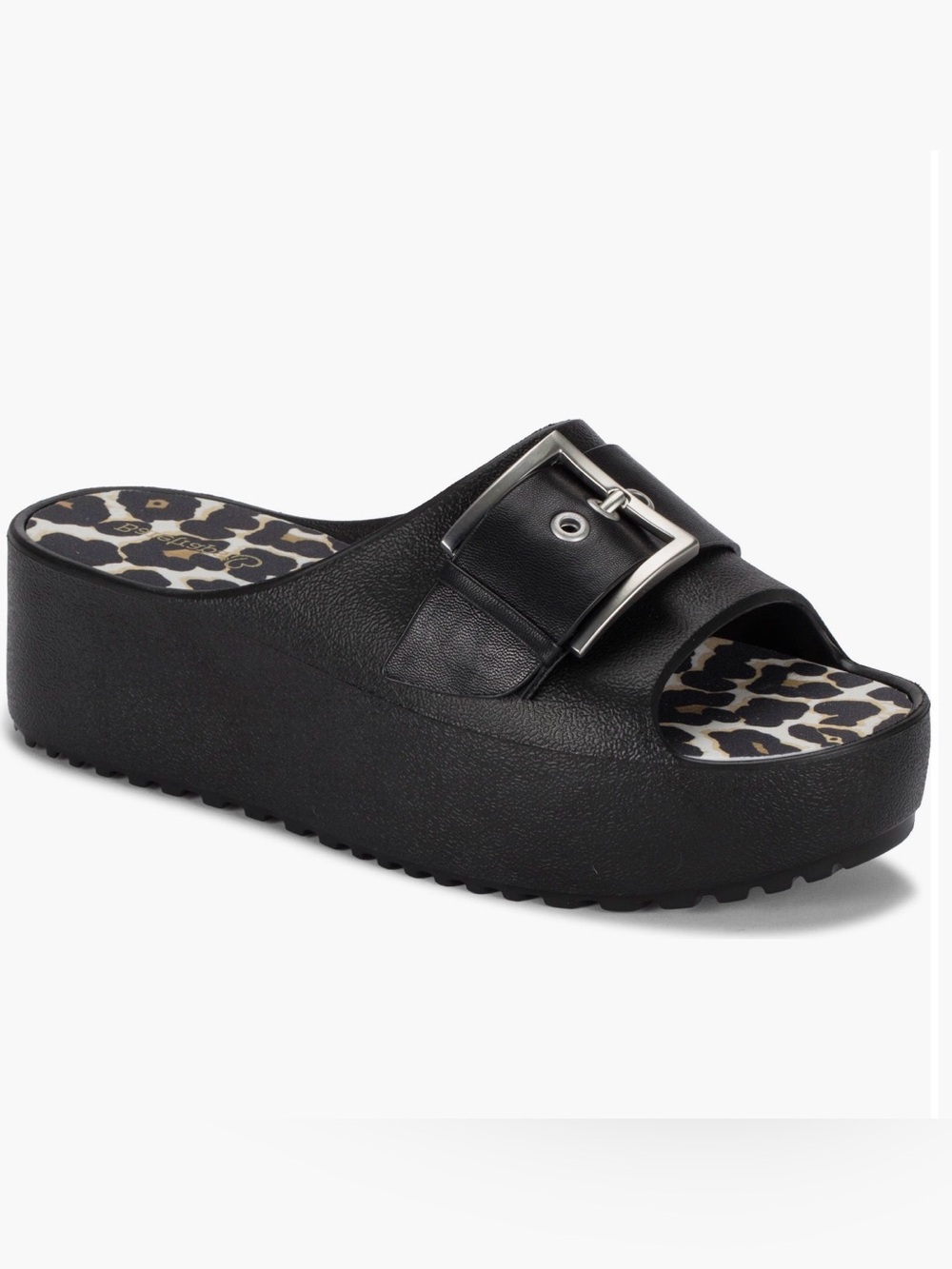 Baretraps Pacey Black Platform Slide Sandals Leopard Buckle Women’s NWOT